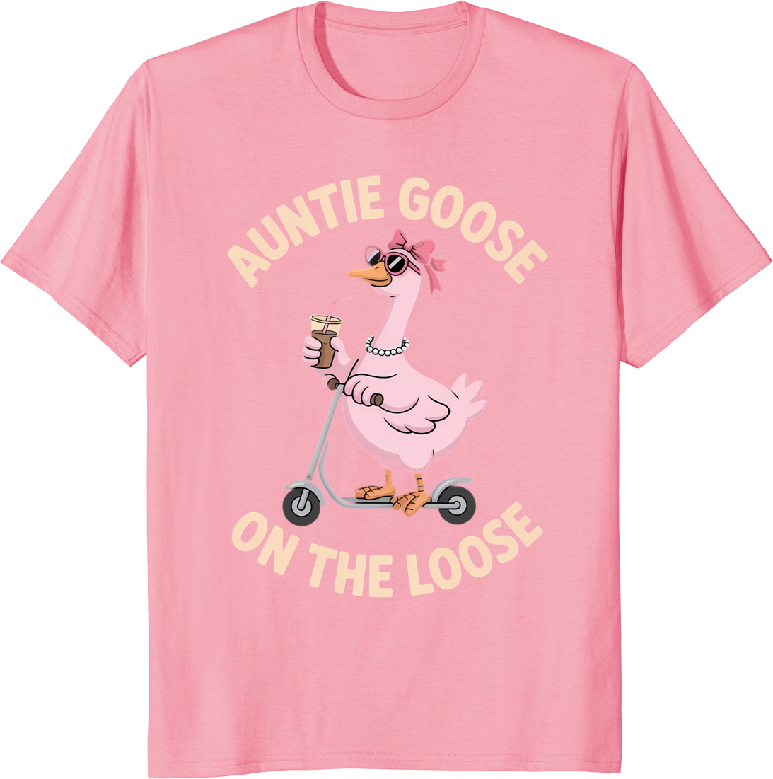 Cool Pink Auntie Goose riding a scooter on a t‑shirt - pink