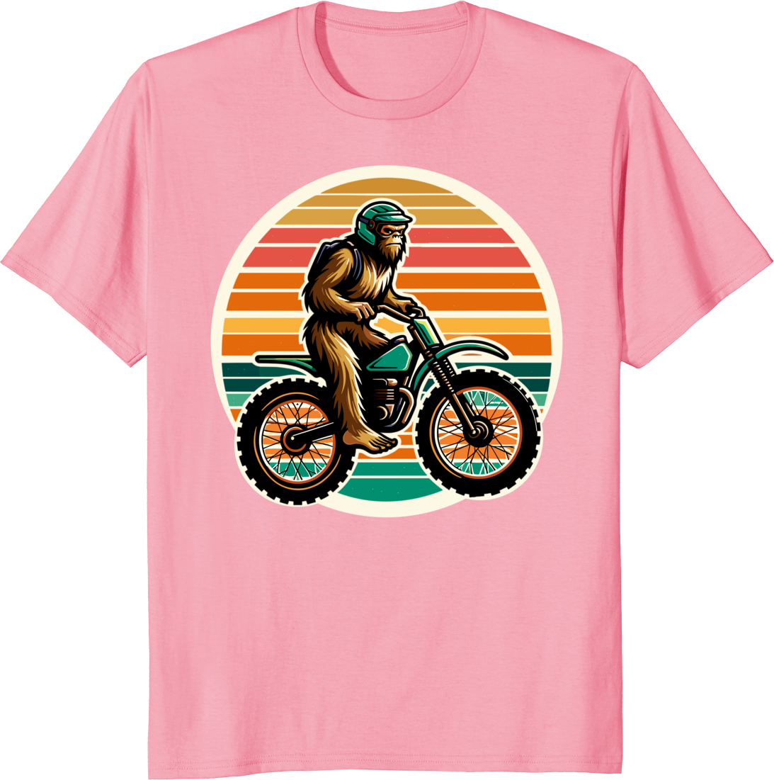 Bigfoot riding a dirtbike on a retro sunset background, printed on a T-shirt. - pink