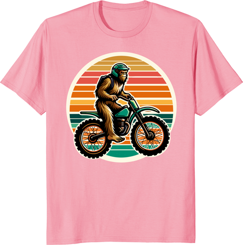 Bigfoot riding a dirtbike on a retro sunset background, printed on a T-shirt. - pink