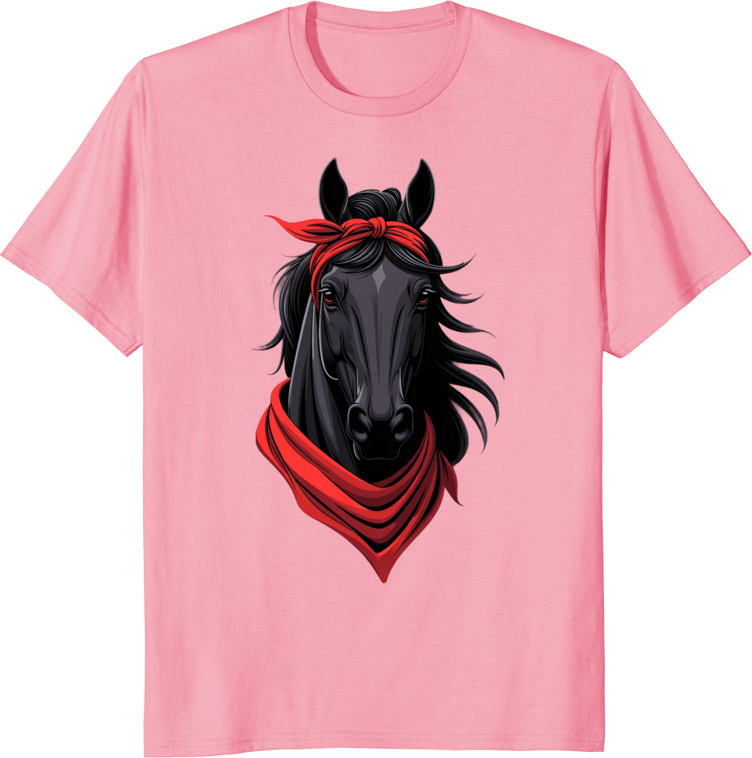 Black horse wearing a bow bandana on a t-shirt - pink