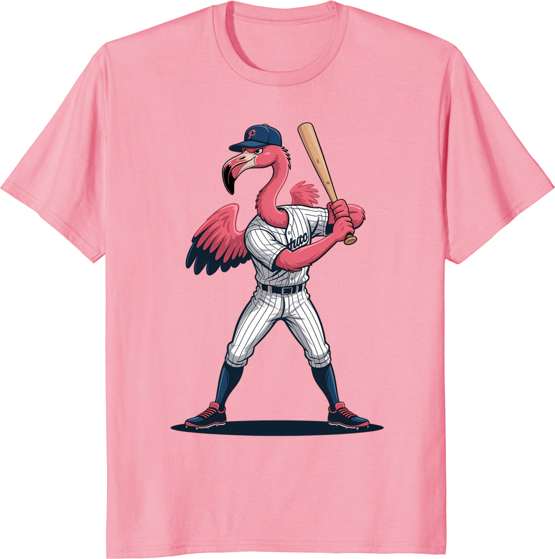 Pink flamingo baseball player t-shirt with cartoon flamingo holding bat - pink