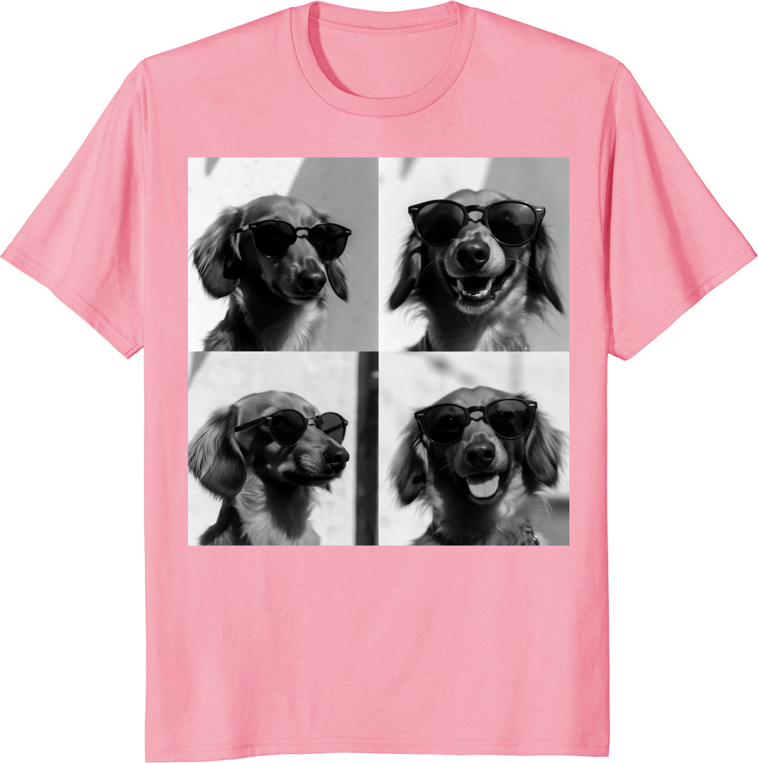 Unisex t-shirt featuring a Dachshund wearing sunglasses taking a selfie in a photobooth. - pink