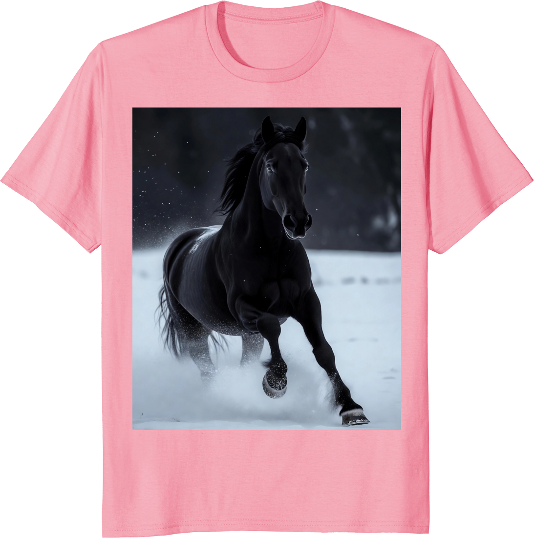 Black horse running across snowy terrain on a t‑shirt - pink
