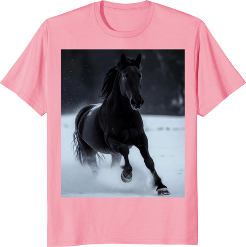 Black horse running across snowy terrain on a t‑shirt - pink