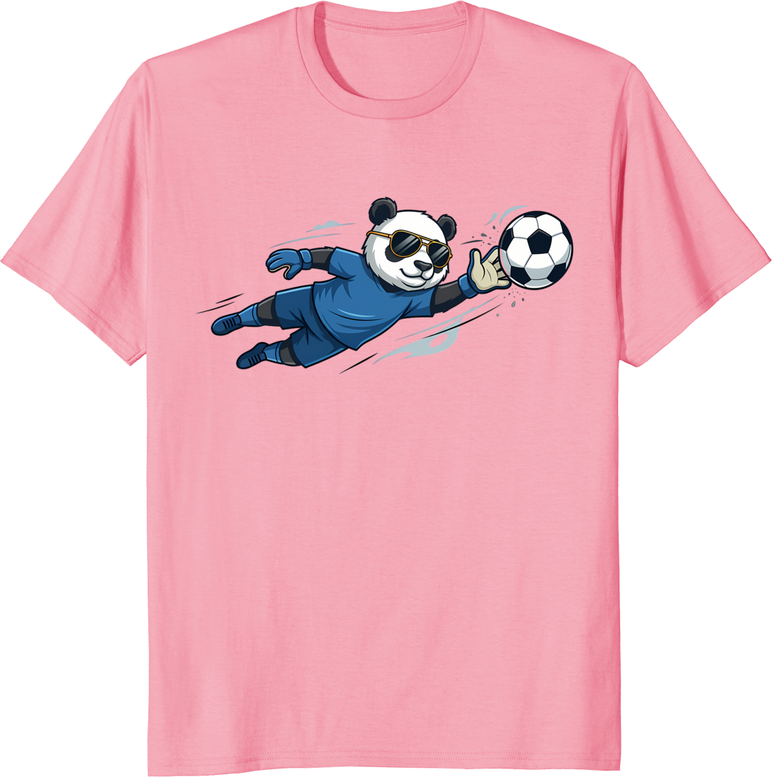 Cartoon panda wearing goalkeeper jersey and sunglasses on a t-shirt - pink