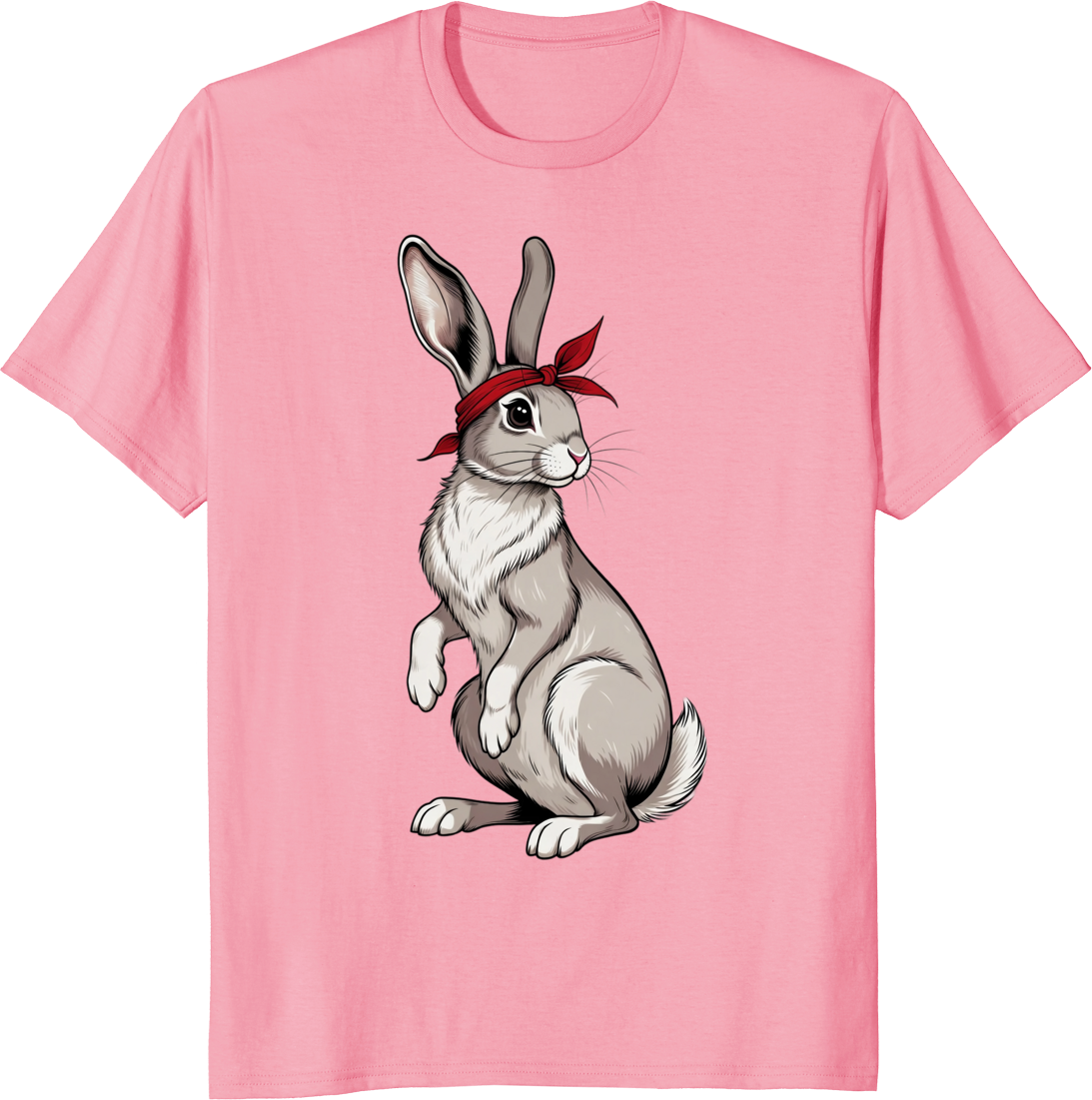 Funny rabbit wearing a red bow bandana on a t-shirt - pink
