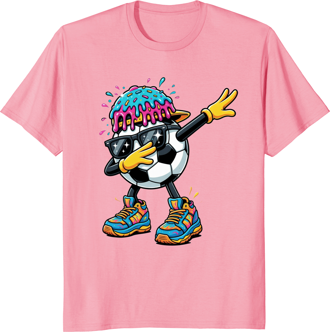 Funny soccer ball dabbing character wearing sunglasses on a t-shirt - pink