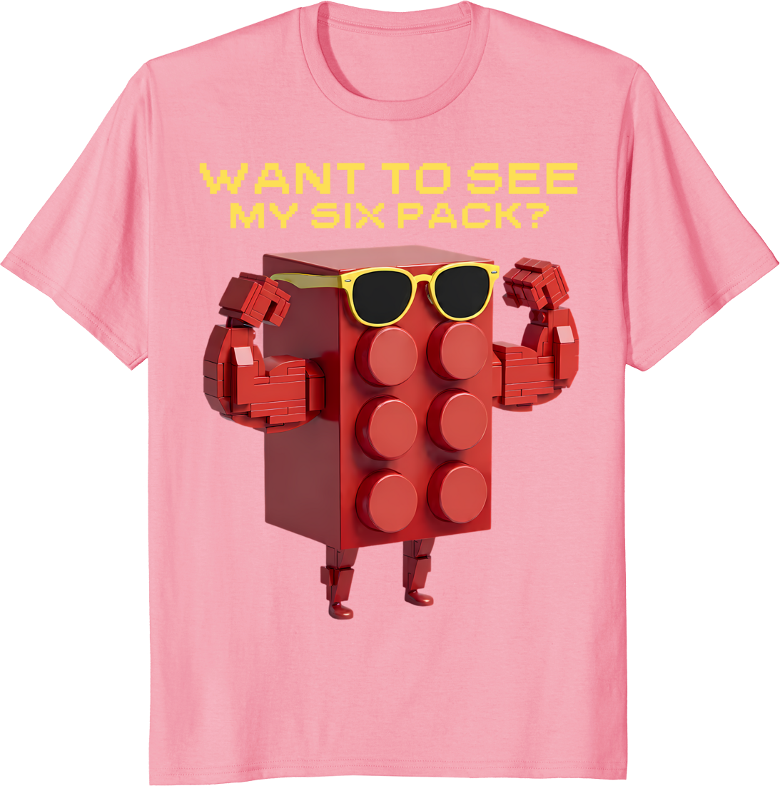 Red building block character with six-pack bricks t-shirt design - pink