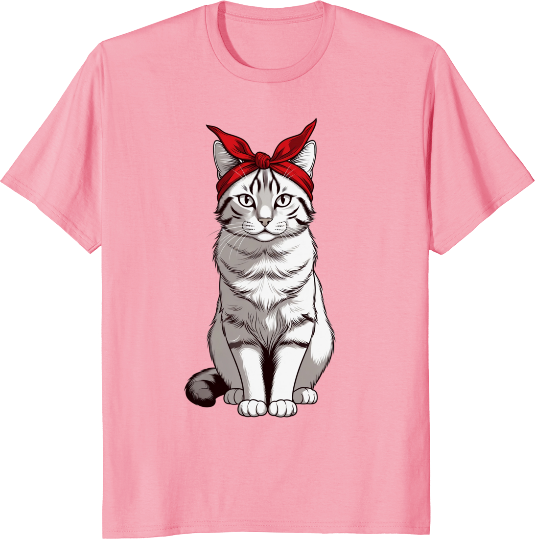 Funny cat wearing a bow bandana on a t-shirt - pink