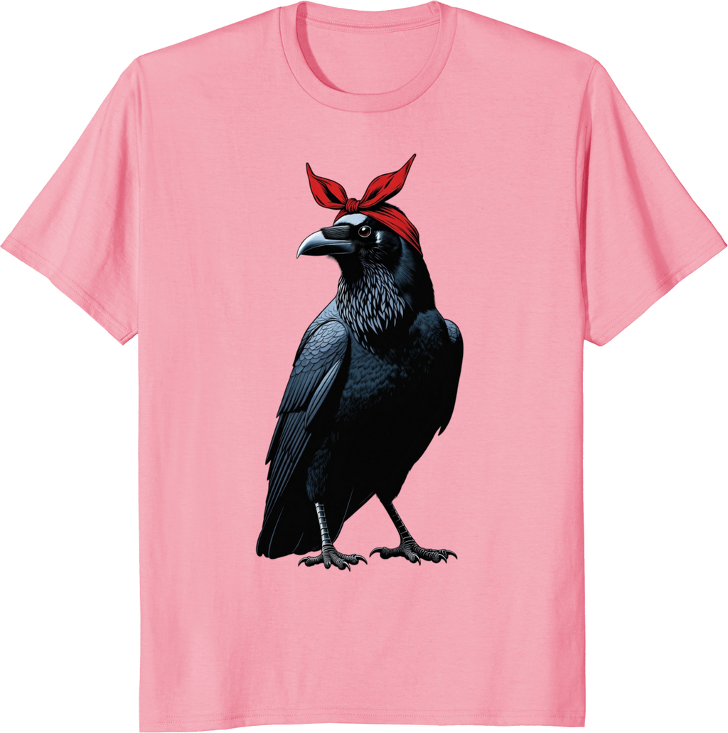 Crow mother wearing a red bow bandana on a t-shirt - pink
