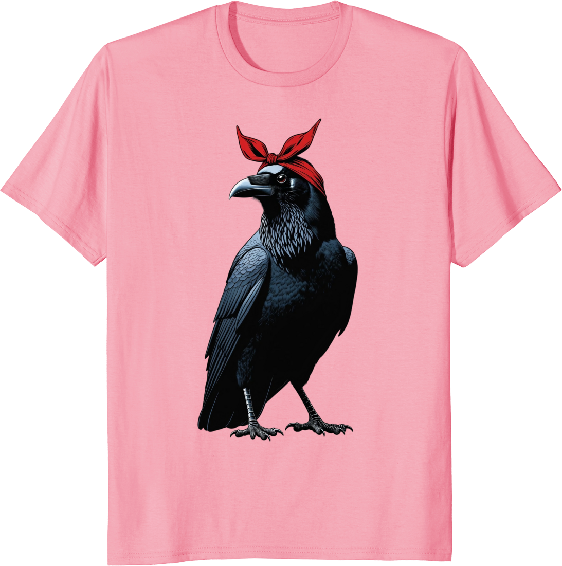 Crow mother wearing a red bow bandana on a t-shirt - pink