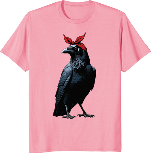 Crow mother wearing a red bow bandana on a t-shirt - pink