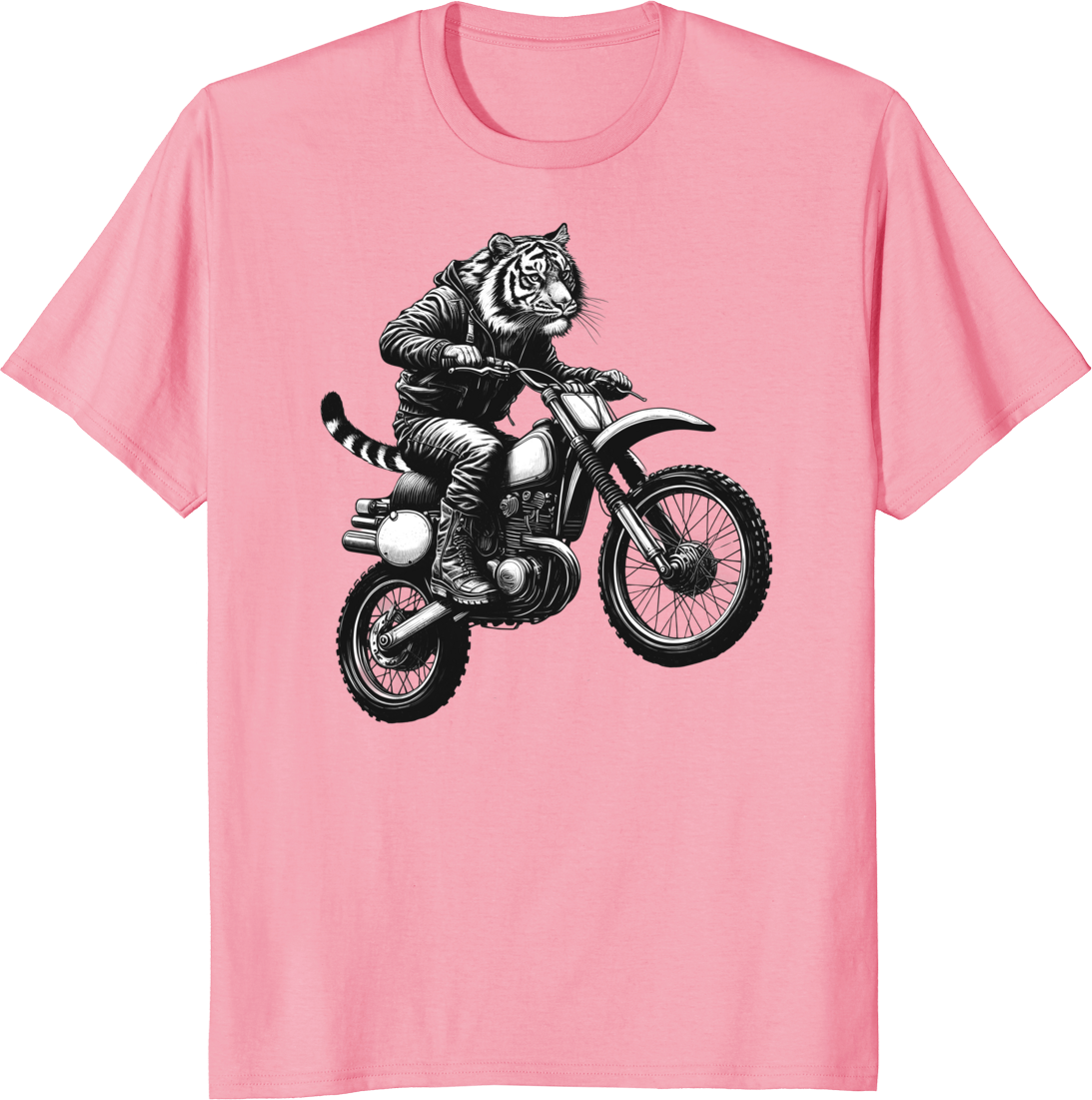 Funny vintage tiger riding a dirt bike on a motocross track – T-shirt design - pink