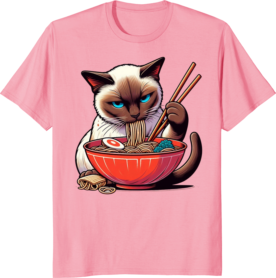 Funny cat eating ramen kawaii siamese cat anime graphic on a t-shirt - pink