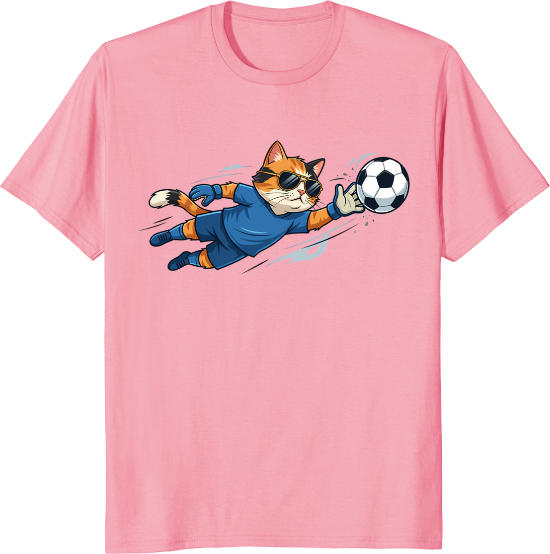 Cartoon cat wearing goalkeeper kit and sunglasses on a t-shirt - pink