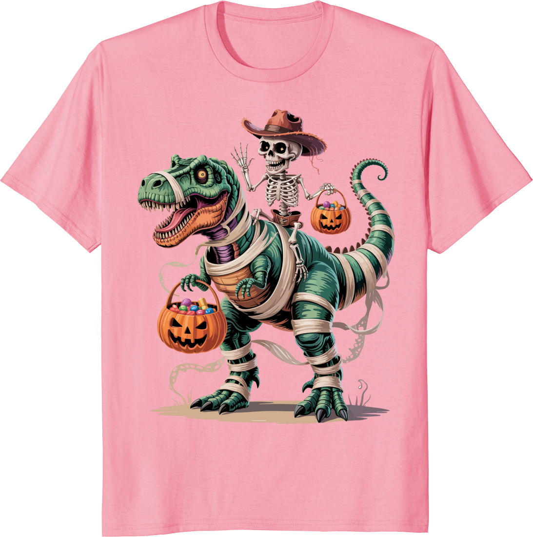 Cowboy skeleton riding a T‑Rex mummy dinosaur on a t‑shirt - pink