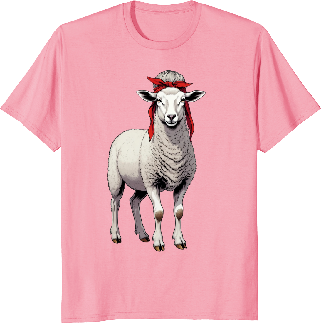 Vintage sheep wearing a red bow bandana on a t-shirt - pink