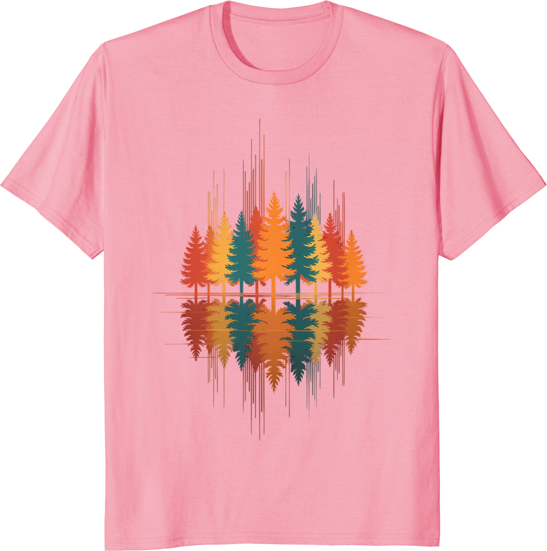 Retro pine forest graphic with lake reflection on a t-shirt - pink