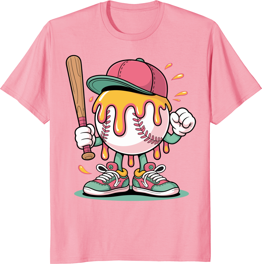 Funny ice cream drip baseball t-shirt design with baseball spots - pink