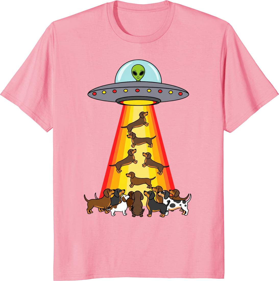 Funny UFO Dachshund design on a T-shirt - pink