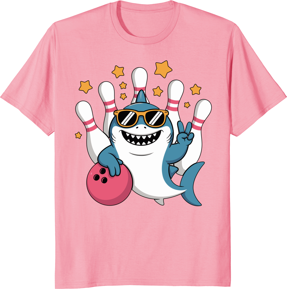 Funny shark bowling ball and pins on a t‑shirt - pink