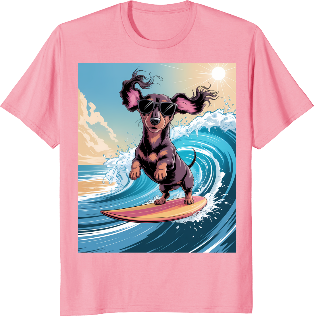 Funny dachshund dog surfing ocean waves on a t‑shirt - pink