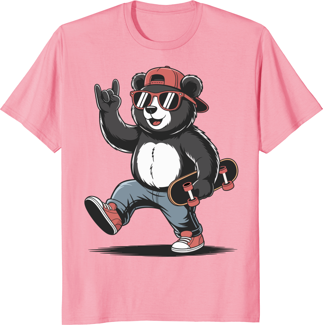 Funny bear skateboarding t-shirt with bear riding a skateboard on a vibrant background - pink