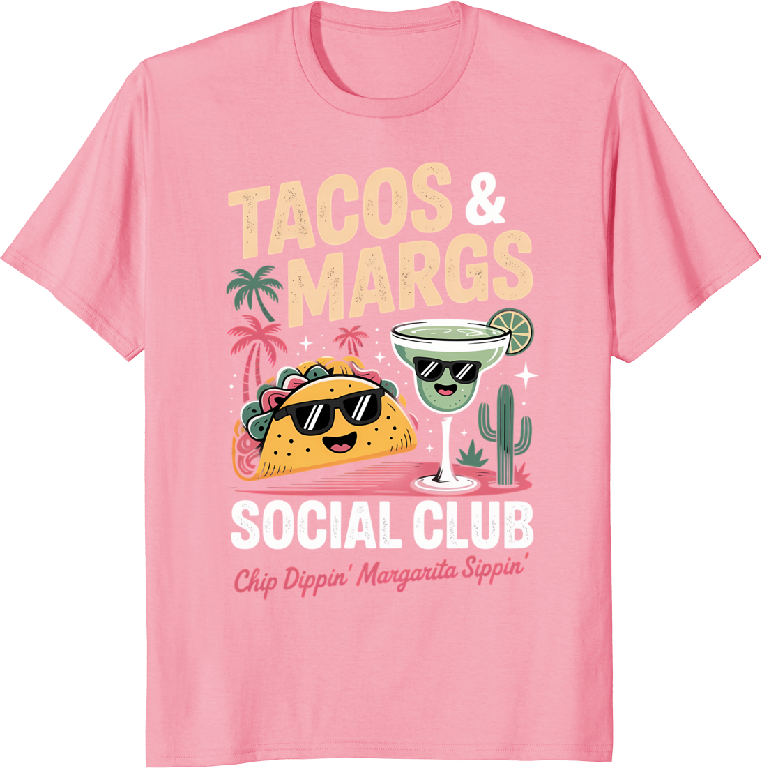 Cartoon taco and margarita character t-shirt design - pink