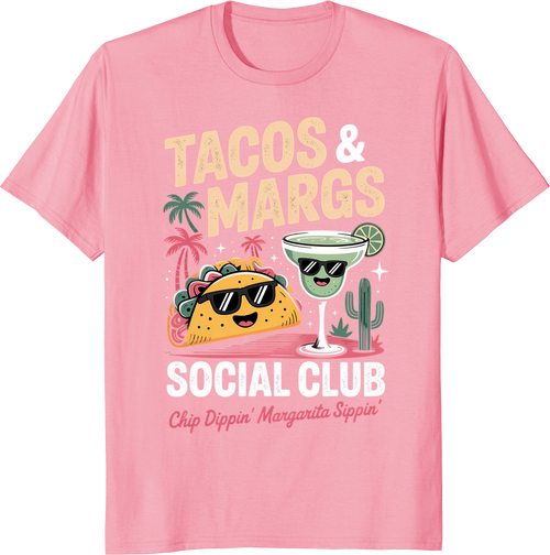 Cartoon taco and margarita character t-shirt design - pink