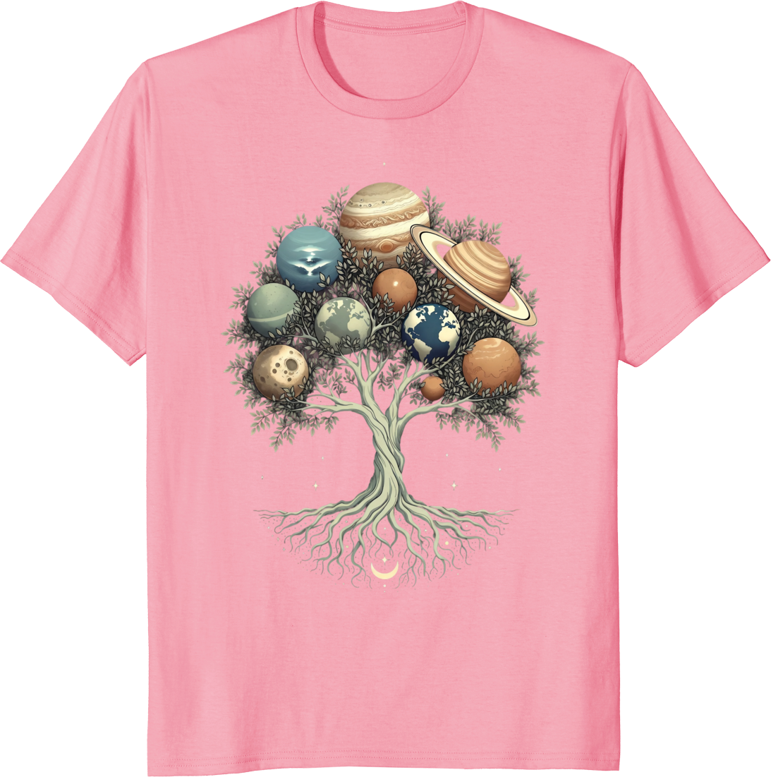Solar System Tree of Life t-shirt featuring celestial planets design. - pink