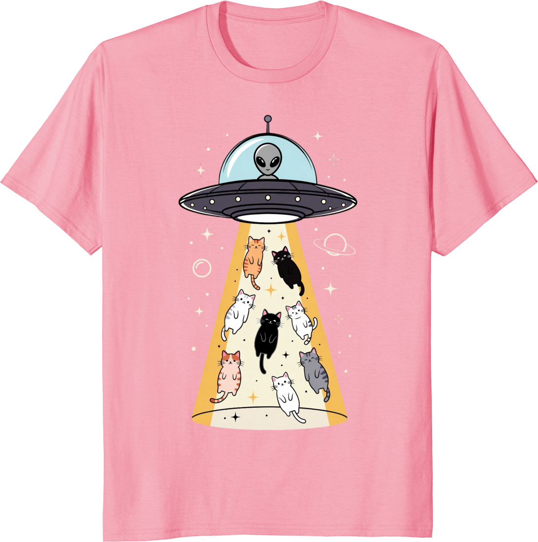 Funny UFO and cats t-shirt with whimsical flying saucer and playful feline illustration. - pink