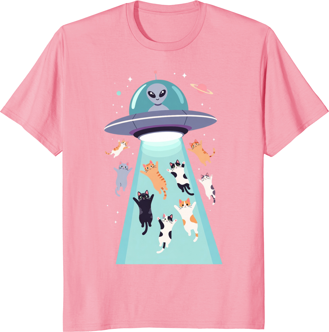 Funny cats flying in a UFO retro space design on a T-shirt - pink