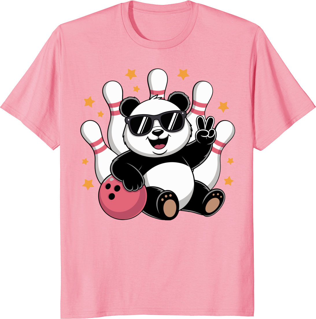 Funny panda rolling a bowling ball on a t-shirt graphic - pink