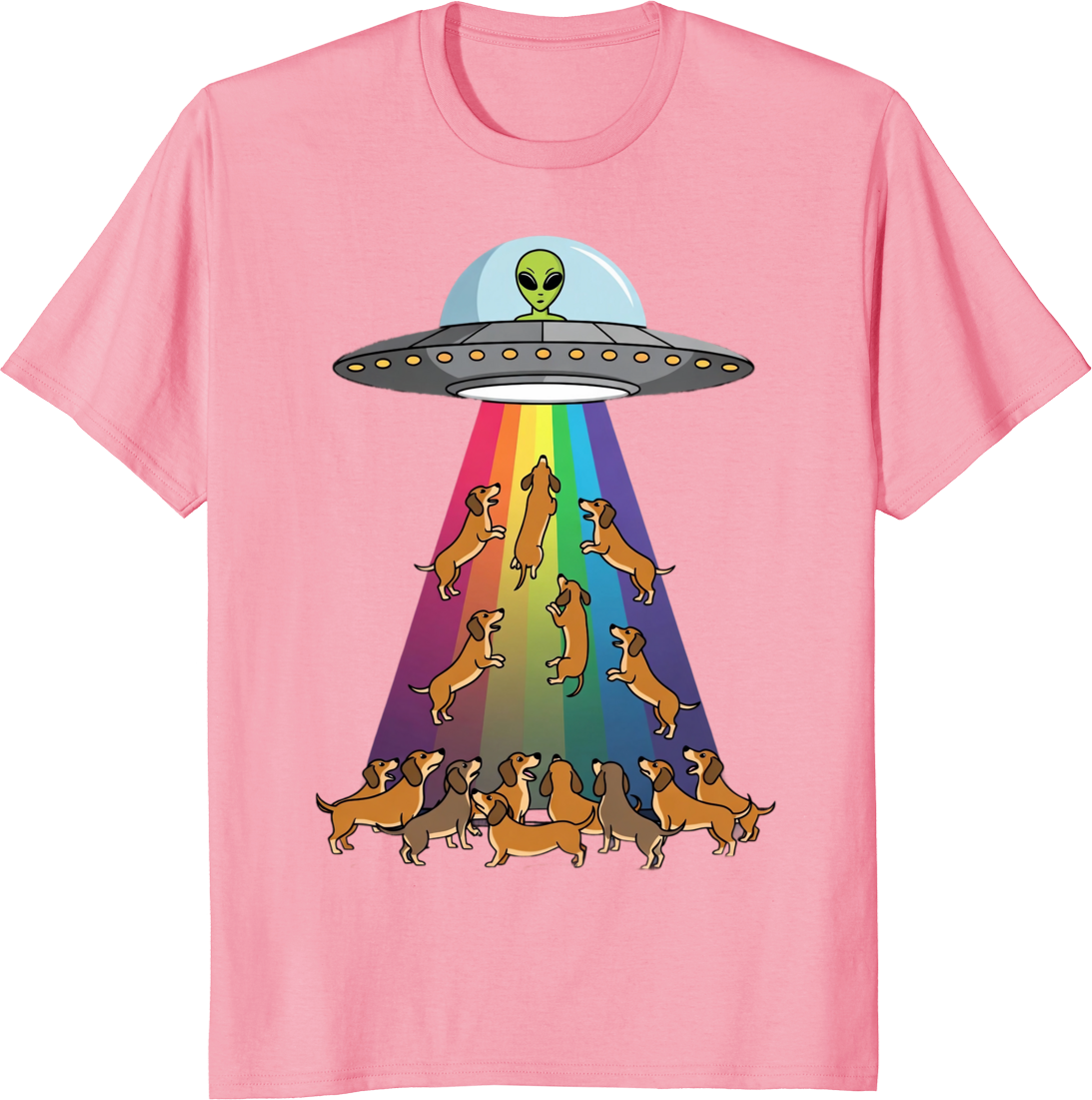 Funny dachshund with UFO rainbow graphic on a t-shirt - pink