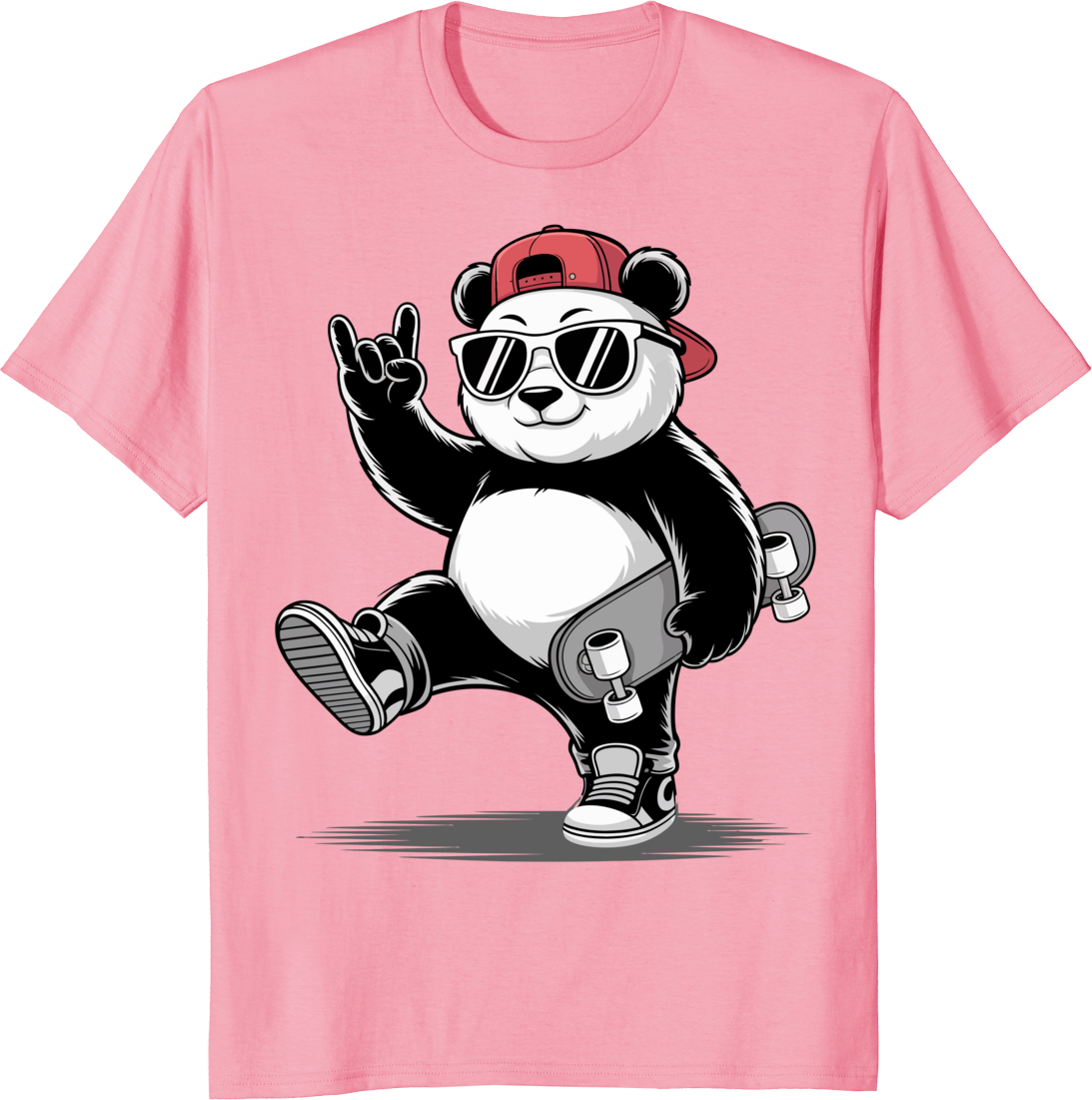 Funny panda skateboarding T-shirt with rock hand pose on a white tee - pink