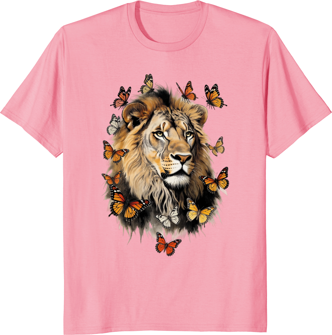 Unisex t-shirt featuring a retro graphic of a lion surrounded by butterflies - pink