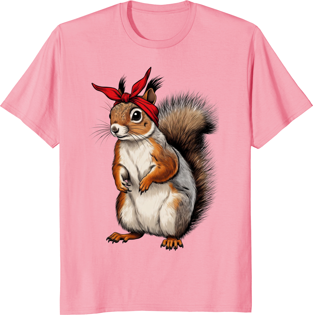 Funny squirrel wearing a red bow bandana on a t-shirt. - pink