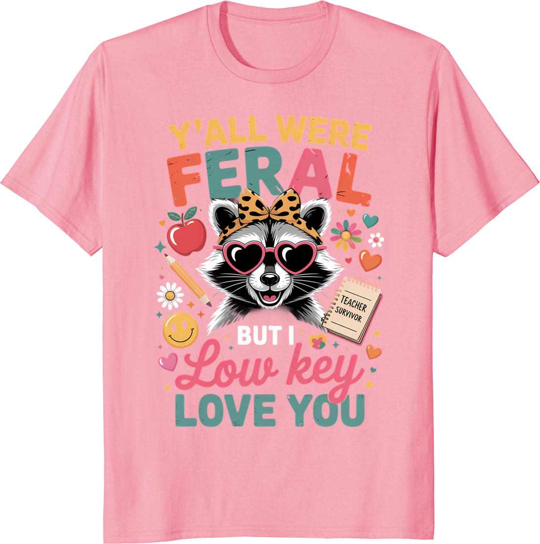 Raccoon Teacher T-Shirt with a raccoon wearing a teacher badge - pink