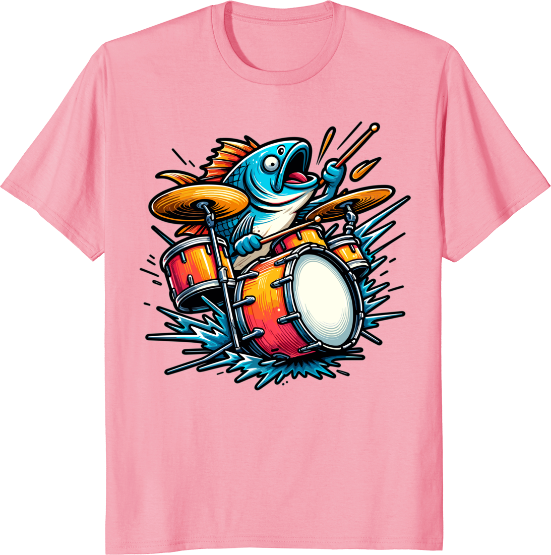 Cartoon fish playing drums on a t-shirt design - pink