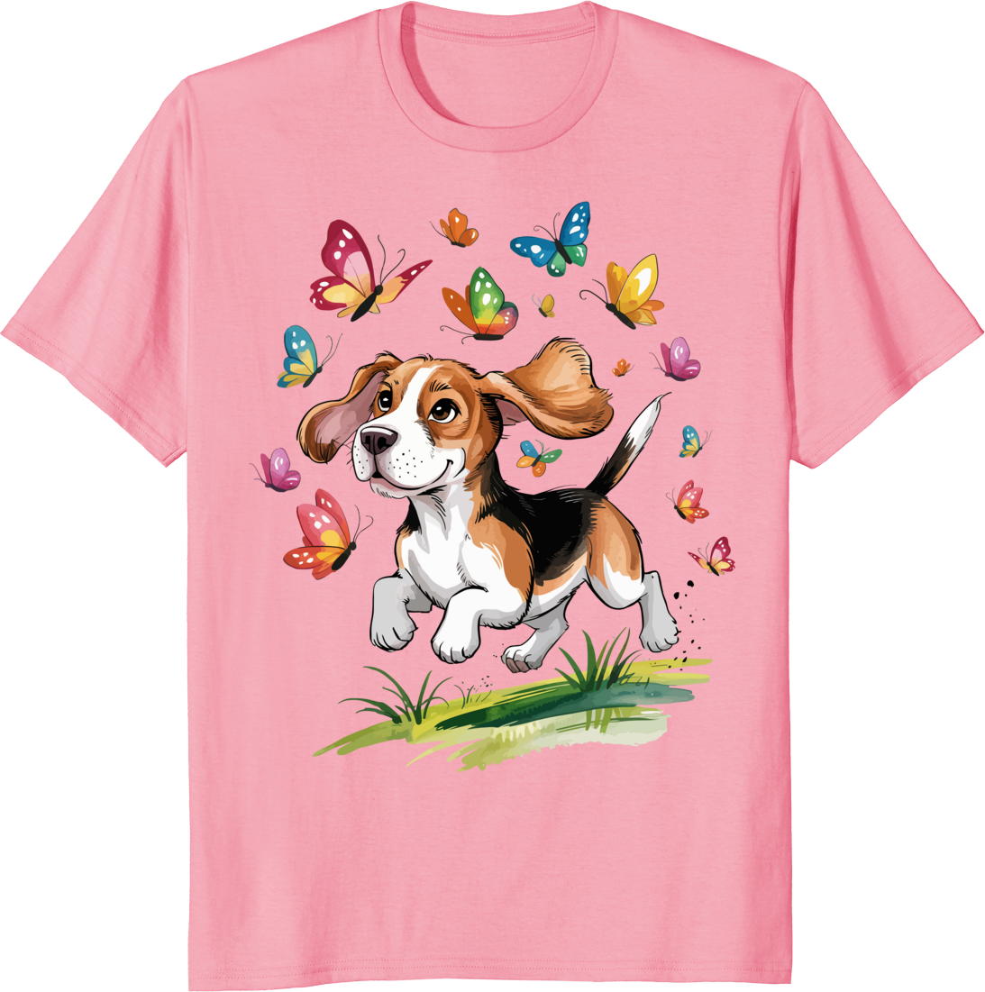 Funny beagle dog surrounded by butterflies on a t-shirt - pink