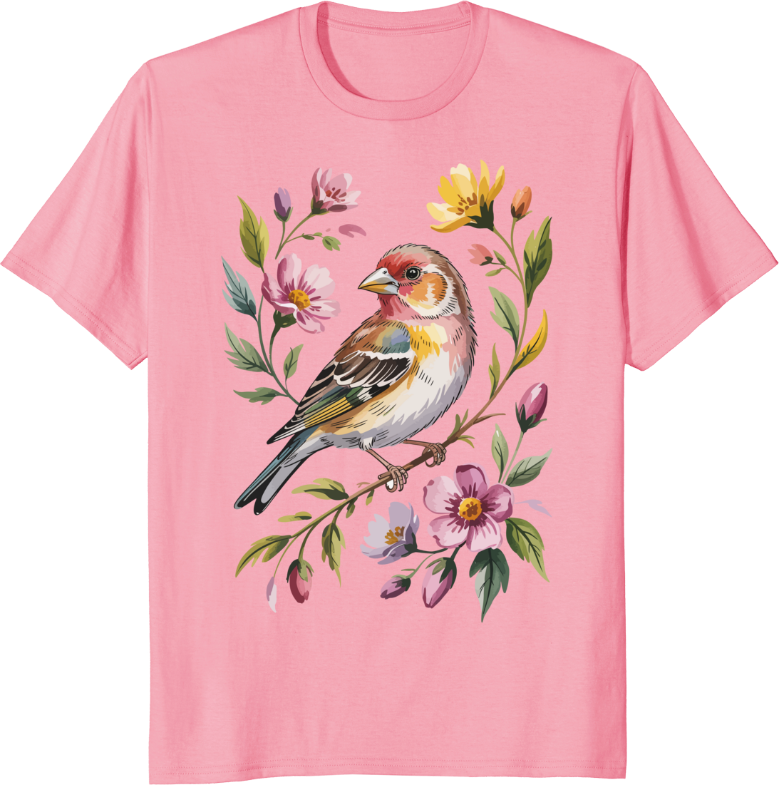 Cute bird graphic t-shirt with finch and flowers - pink