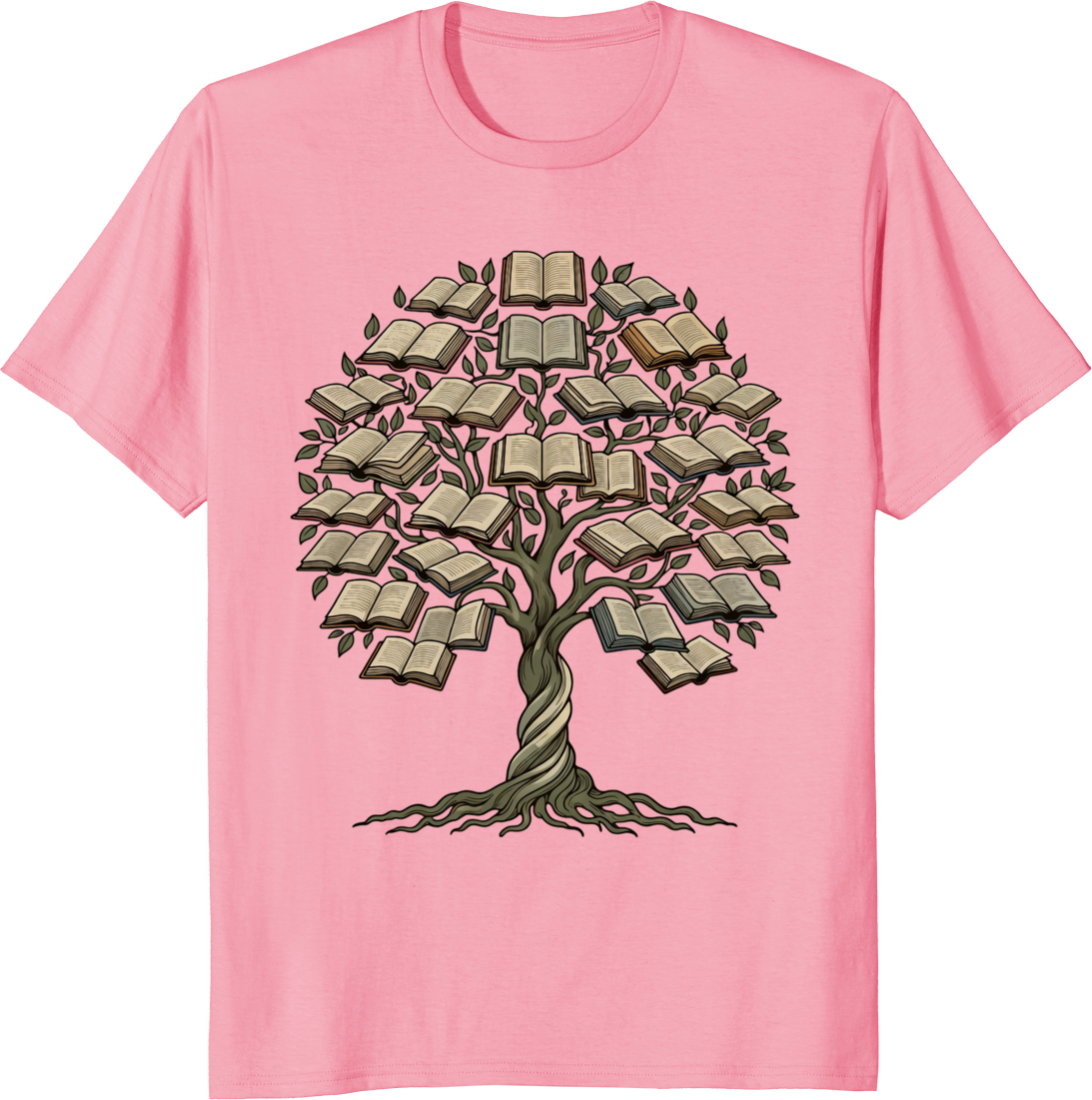 Book lover t-shirt featuring a tree growing from books on a soft cotton tee - pink