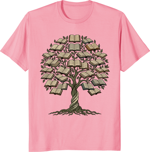 Book lover t-shirt featuring a tree growing from books on a soft cotton tee - pink