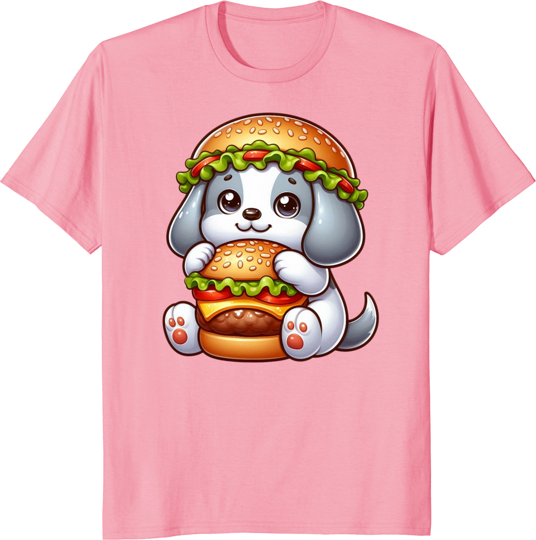 Cute dog eating a cheeseburger on a t-shirt - pink