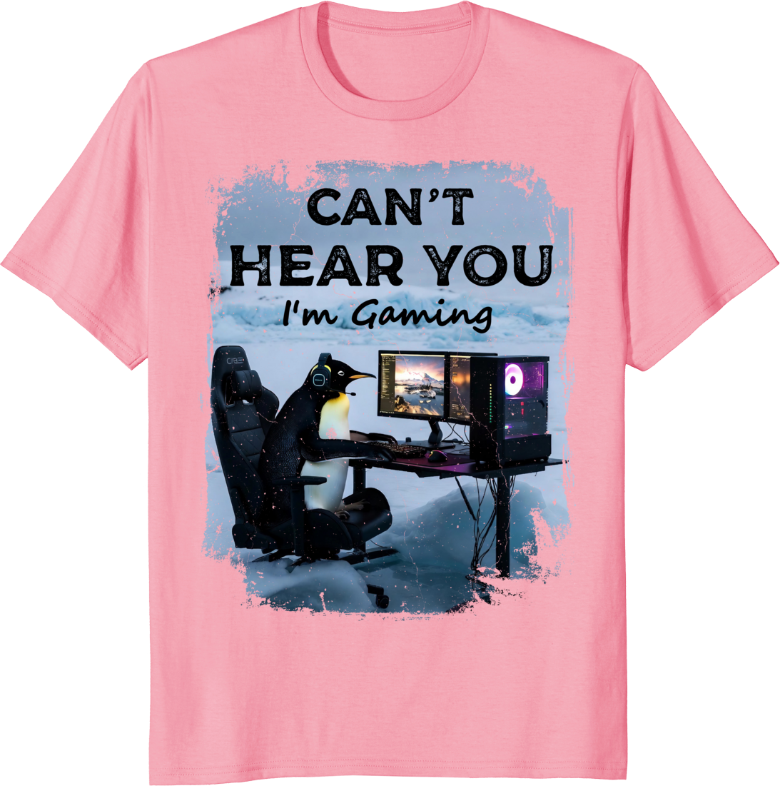 Unisex T‑shirt with a funny lone penguin gaming illustration on front. - pink