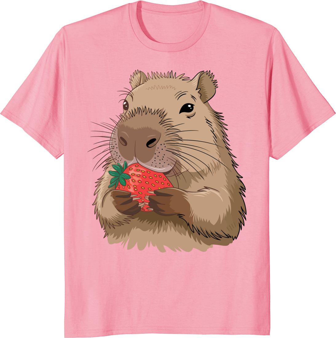 Capybara eating a strawberry on a t-shirt graphic. - pink