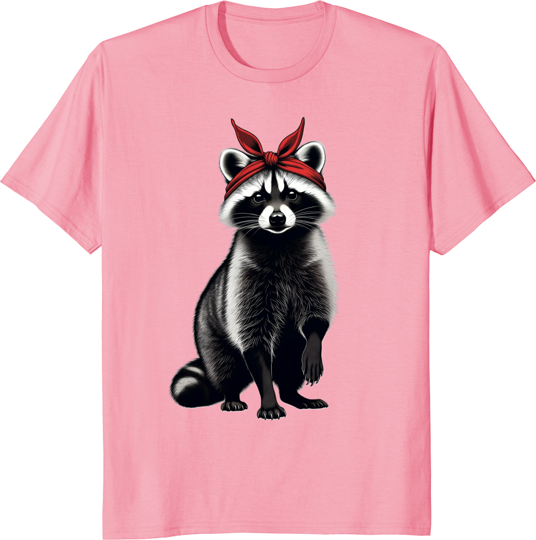Raccoon mom wearing a red bow bandana on a t-shirt - pink