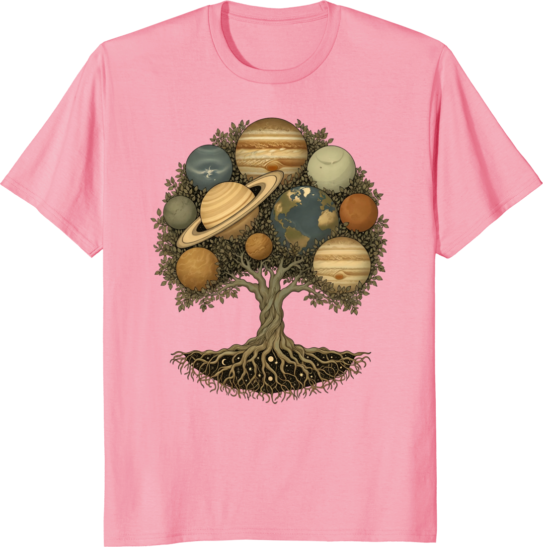 Vintage Celestial World Tree Solar System T-Shirt design featuring a tree with planets - pink