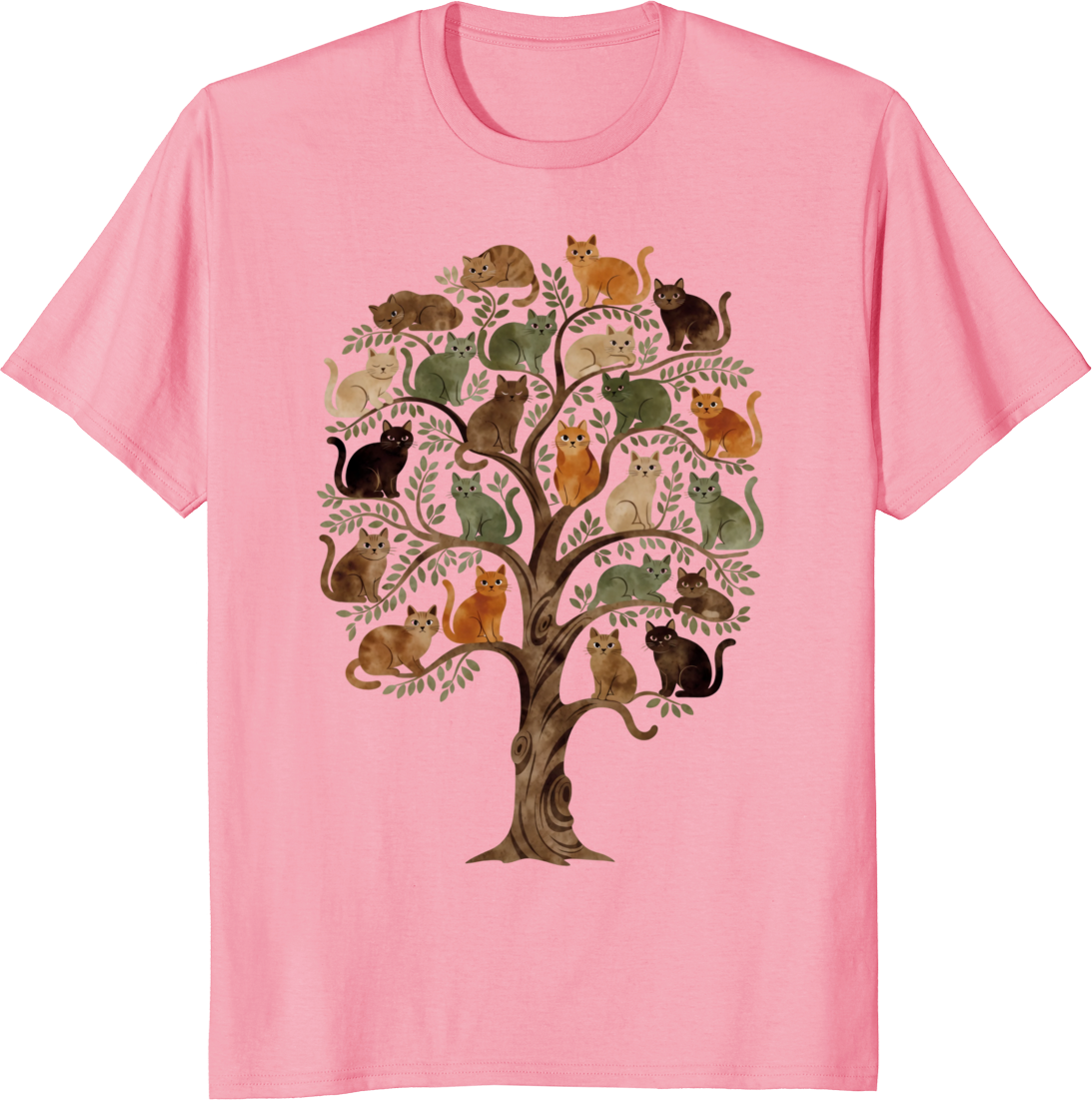 Cosmic cat perched on a world tree illustrated on a T‑shirt - pink