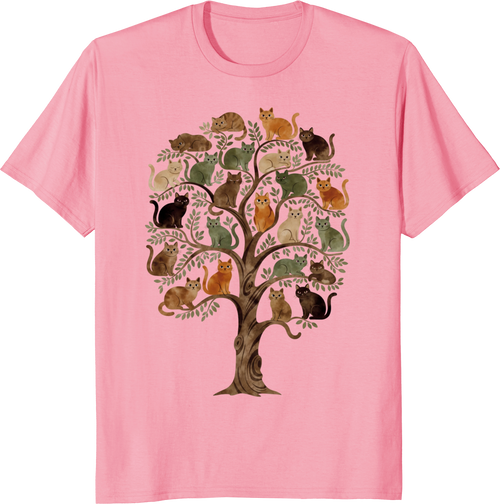 Cosmic cat perched on a world tree illustrated on a T‑shirt - pink
